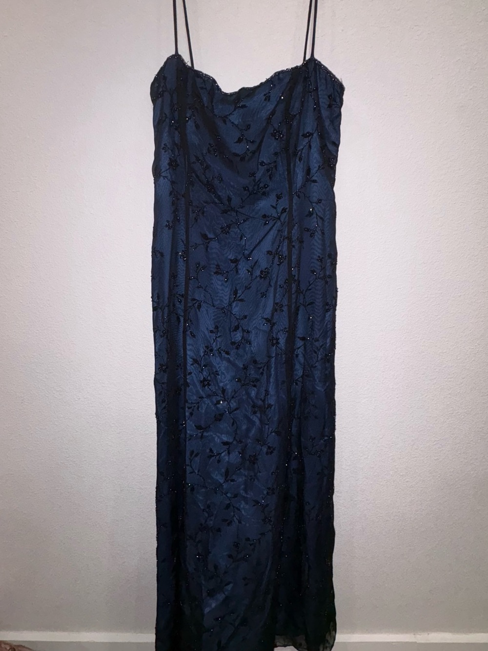 Betsy & Adam Navy Blue Beaded Spaghetti Strap Maxi Dress